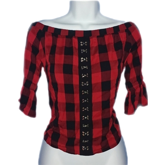 Hot Topic Plaid Off-Shoulder Top - Picture 3 of 5